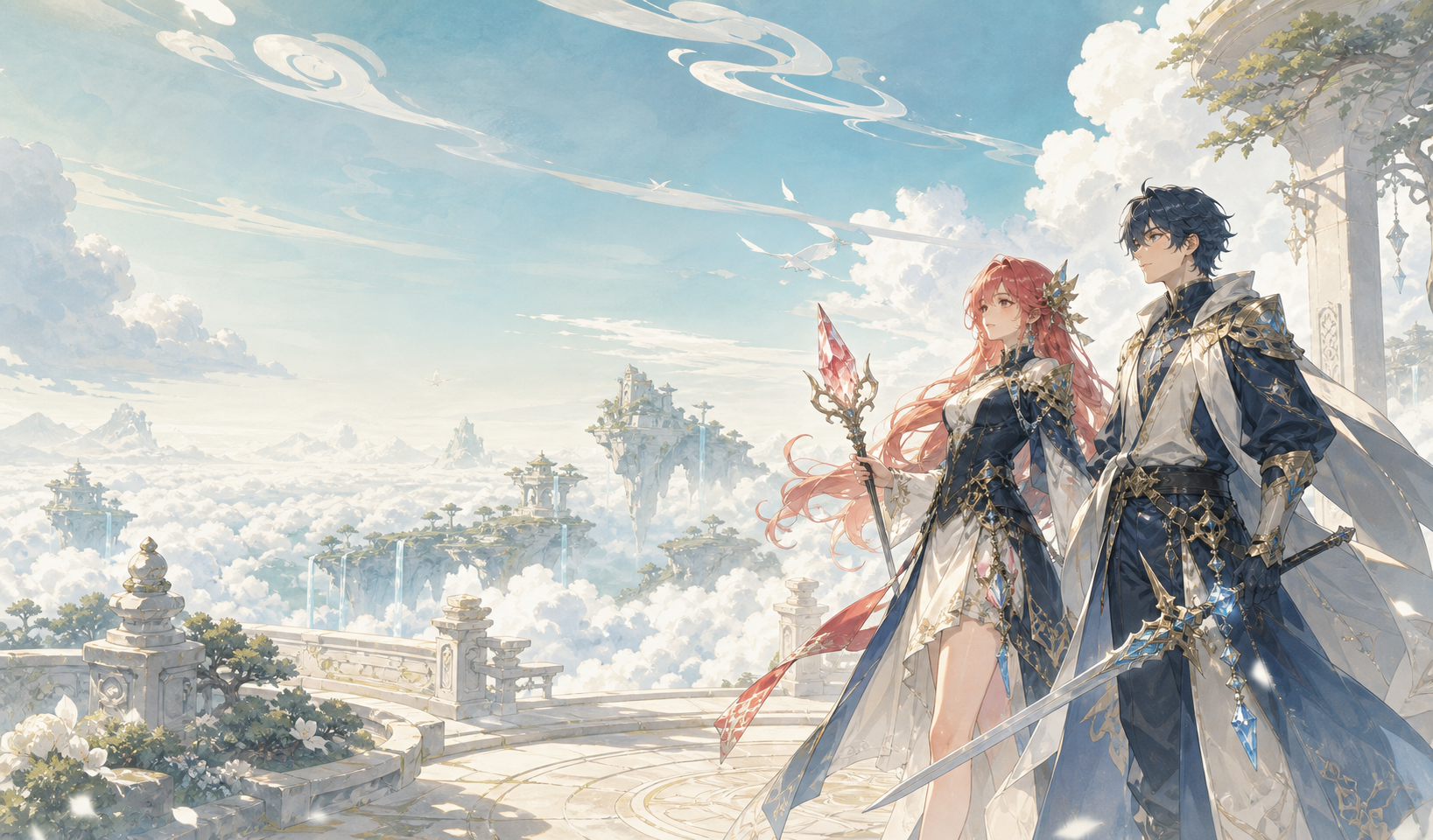云海之上的城堡前，两位冒险者准备启程。言筑世界宣传插画。